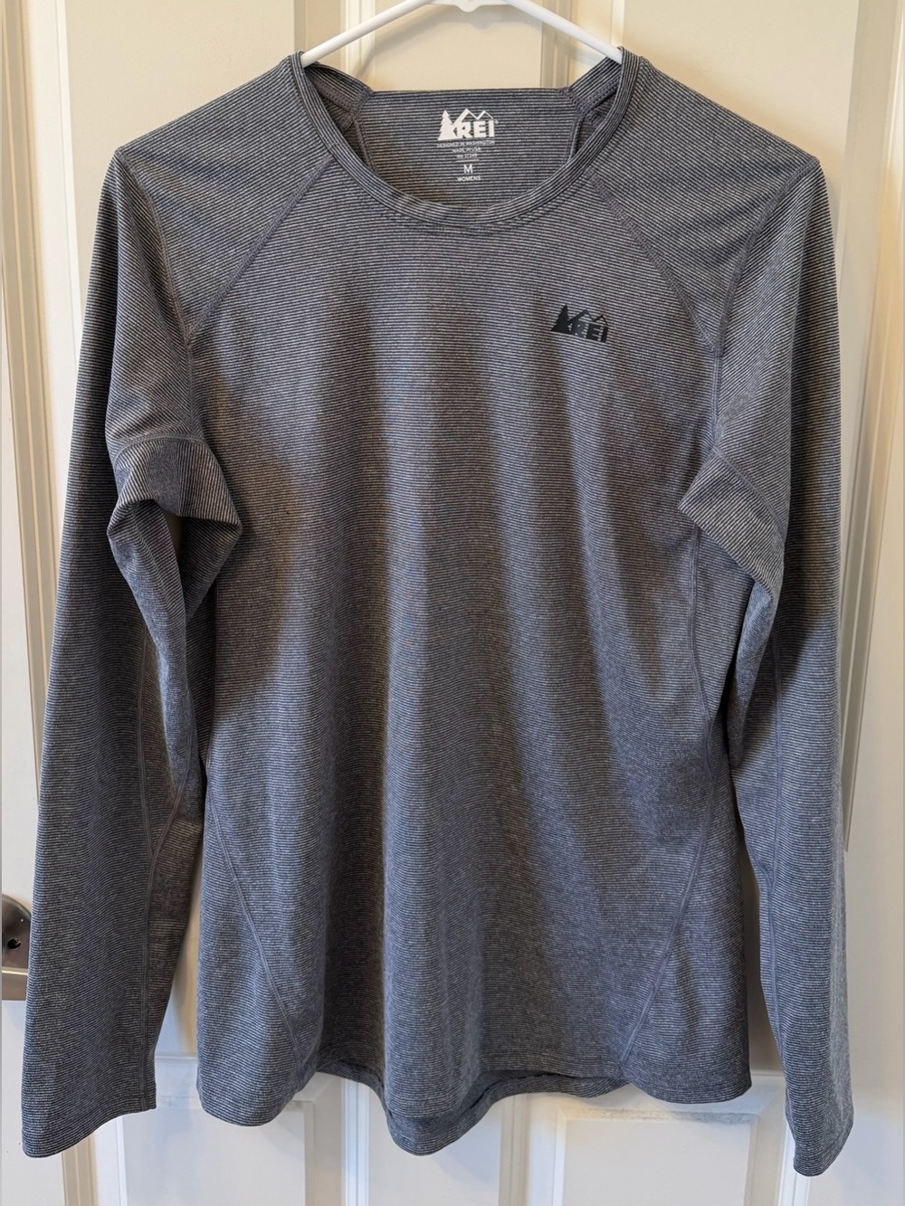 REI Base Layer Long Sleeve Tee in Gray Stripe, Size Medium